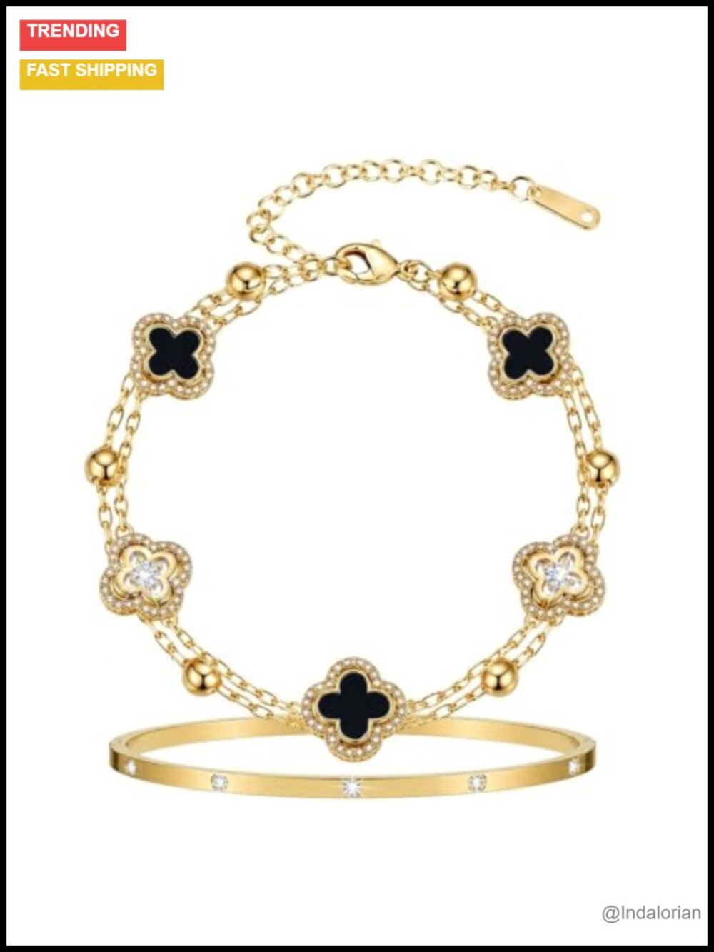 14K Gold Plated CZ Four-Leaf Clover Bracelet Set Stackable Adjustable Women